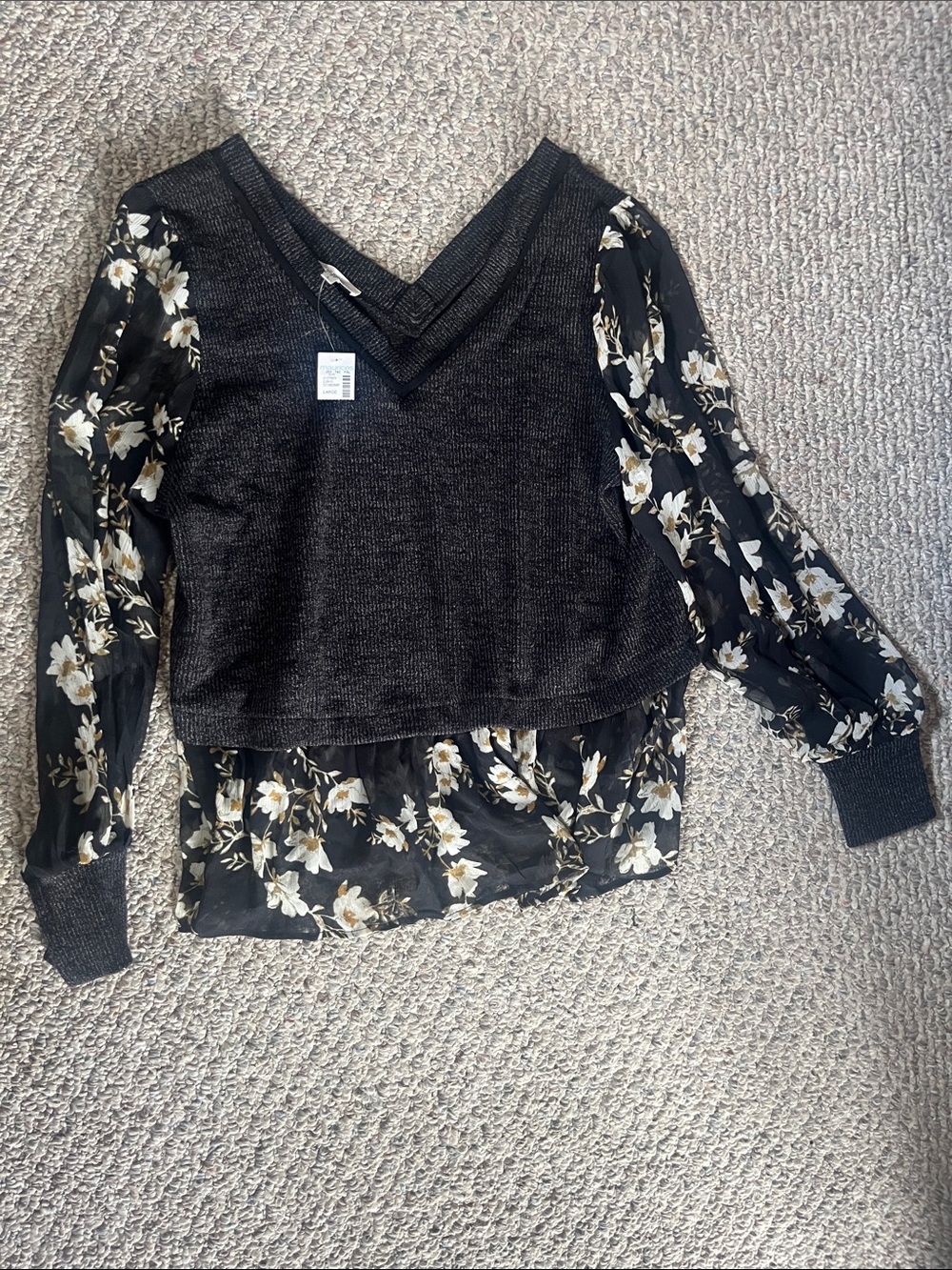 Maurices Black Knit V-Neck Pullover with Floral Sheer Overlay